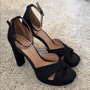 Jessica Simpson Black High Heels Ankle Strap Open Toe Size 9 Faux Suede
